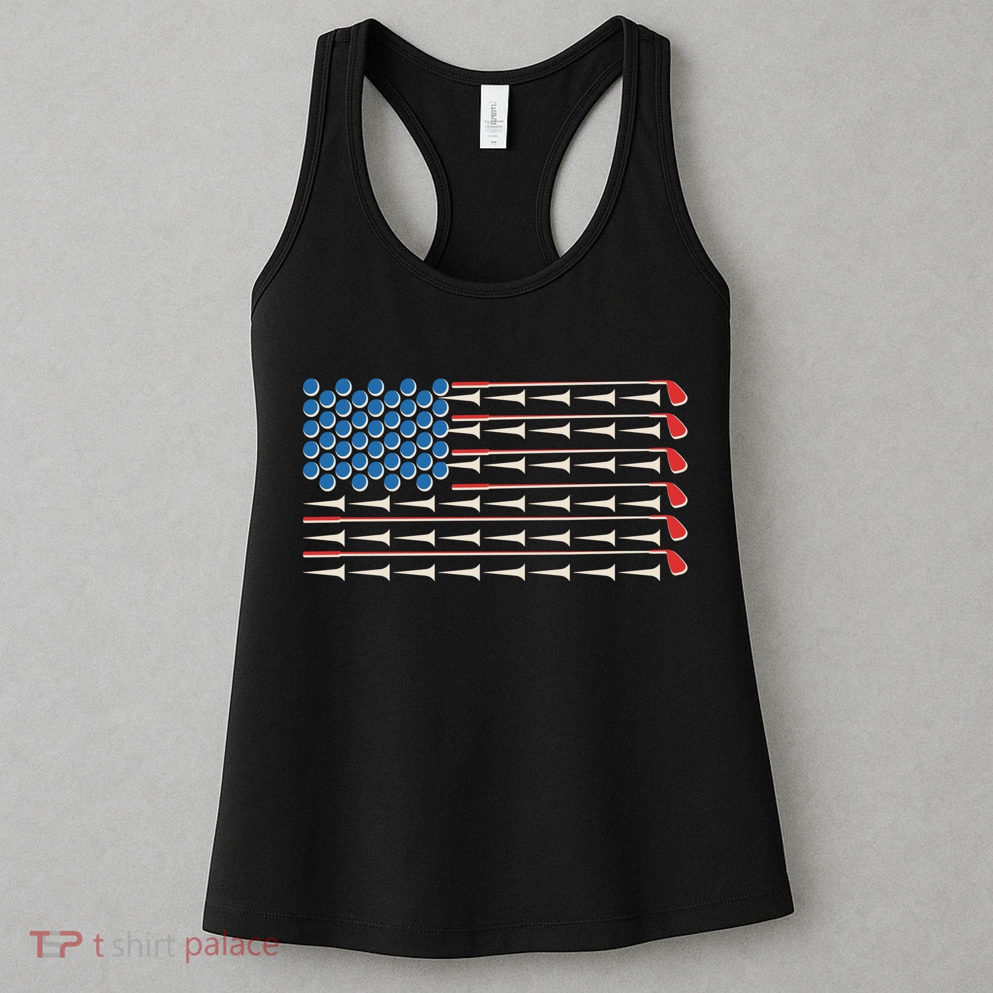Golf Balls Tees Clubs USA American Flag Women's Tank Top