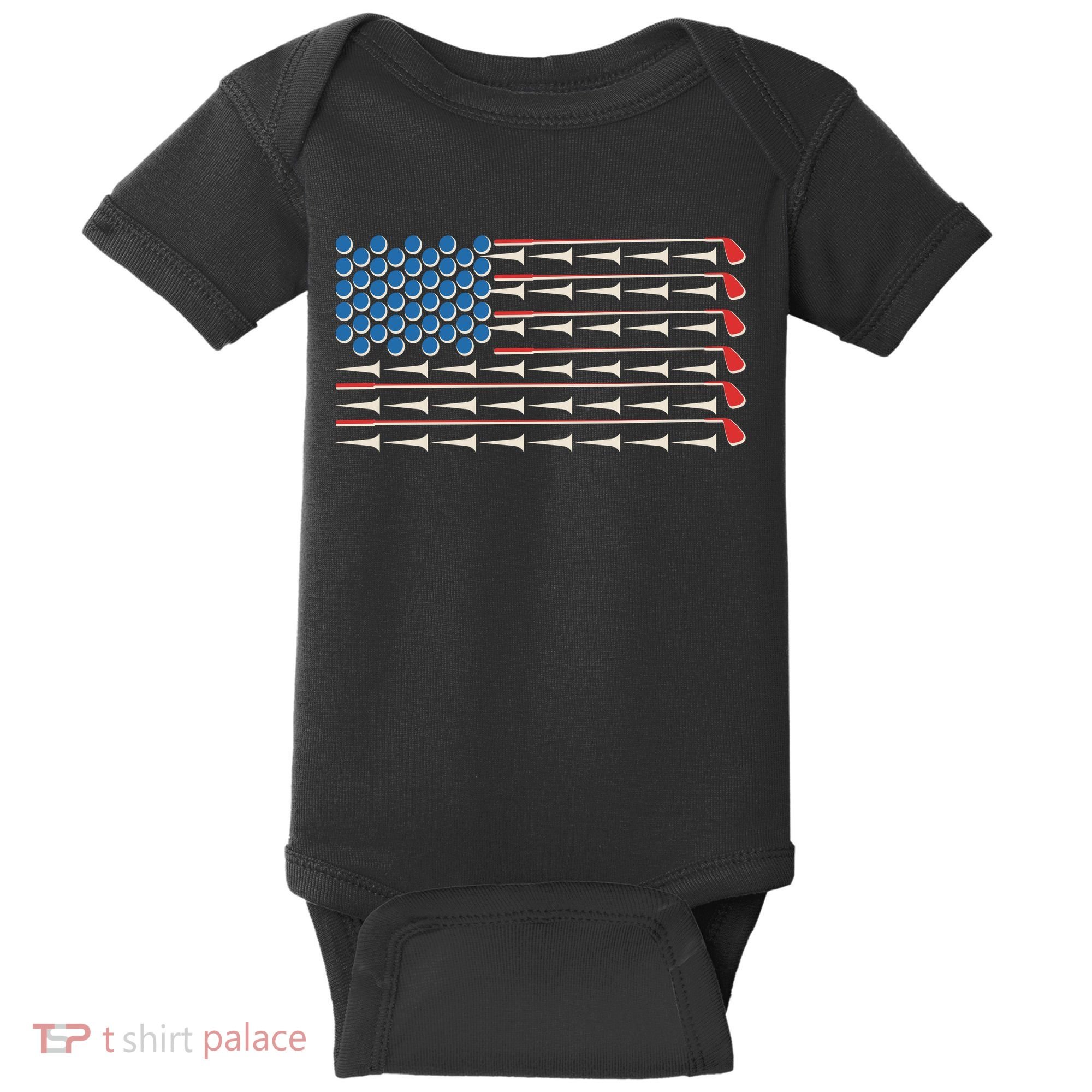 Golf Balls Tees Clubs USA American Flag Baby Bodysuit