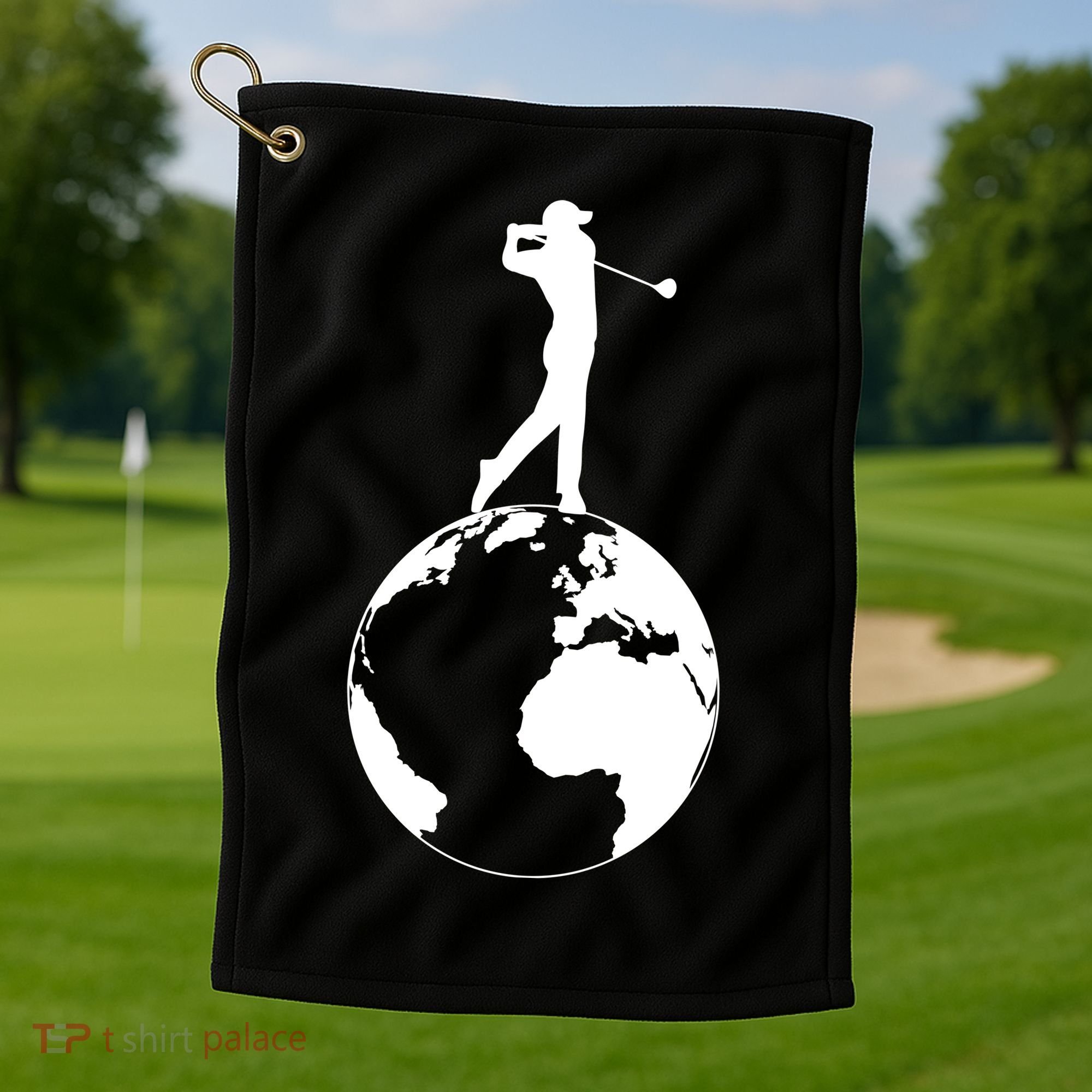 Golfer on top of the World Golf Logo Golf Towel