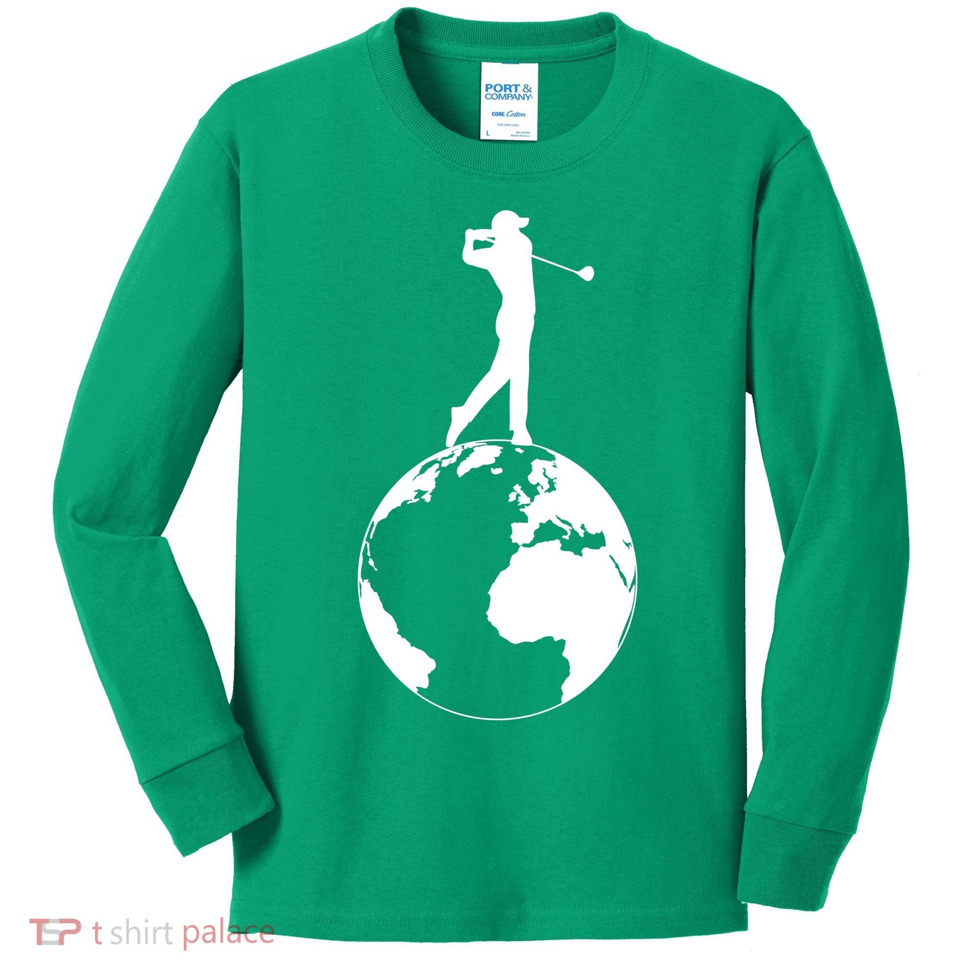 Golfer on top of the World Golf Logo Kids Long Sleeve Shirt