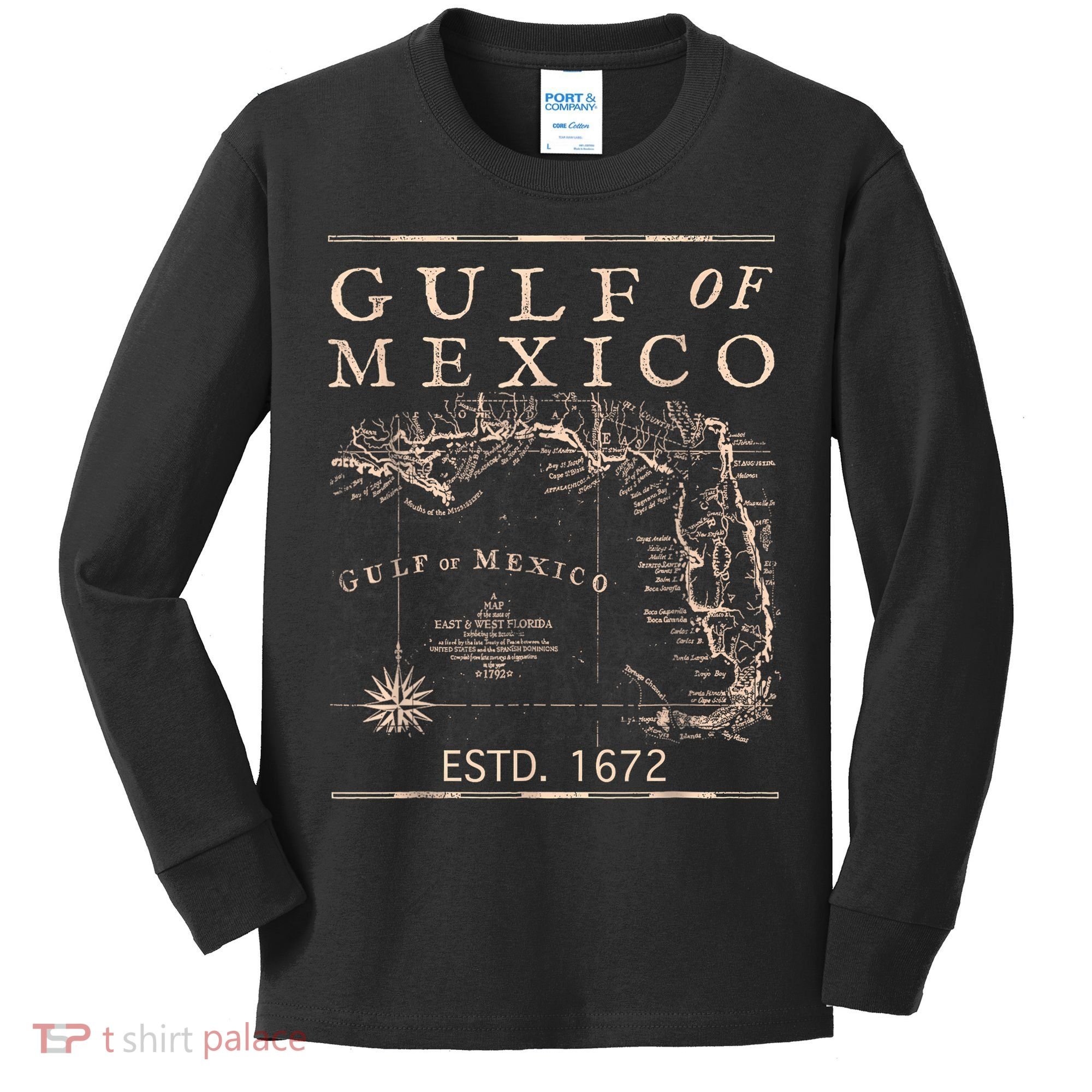 Gulf Of Mexico Since 1672 Historic Map Retro Gulf Beach Kids Long Sleeve Shirt