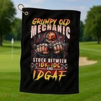 Grumpy Old Mechanic Stuck Between IDK IDC And Idgaf Golf Towel thumb 1