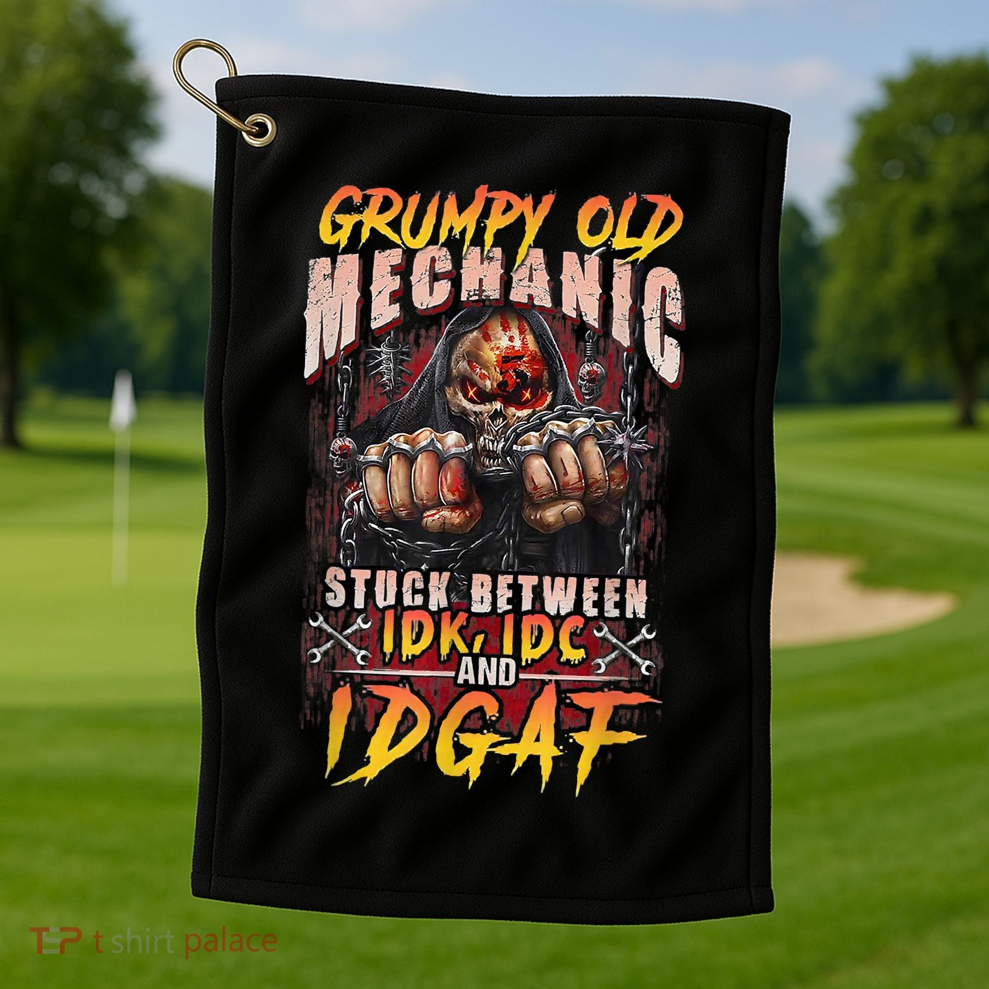 Grumpy Old Mechanic Stuck Between IDK IDC And Idgaf Golf Towel