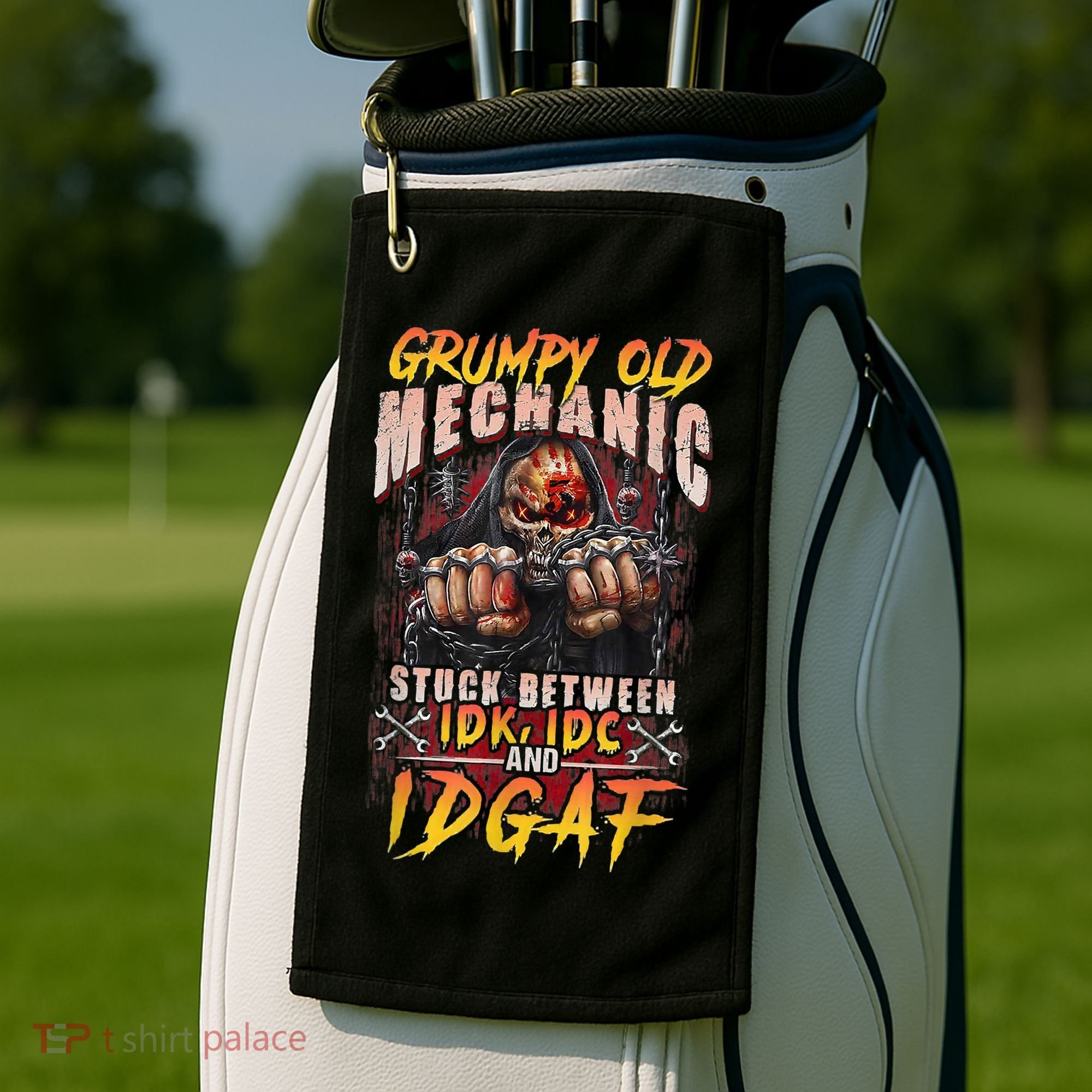 Grumpy Old Mechanic Stuck Between IDK IDC And Idgaf Golf Towel