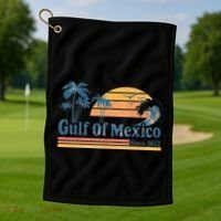 Gulf Of Mexico Beach Vibes Palm Trees Ocean Wave Retro Golf Towel thumb 1