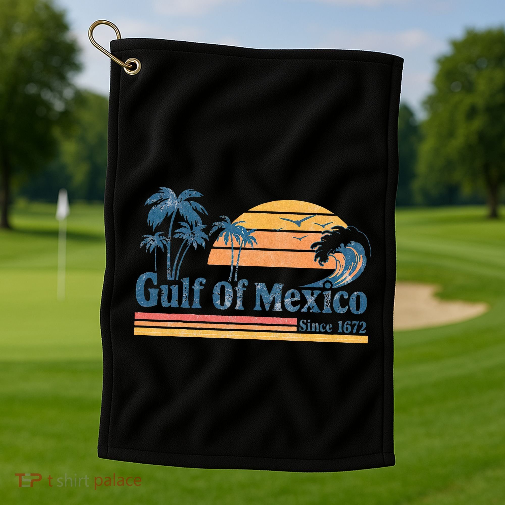 Gulf Of Mexico Beach Vibes Palm Trees Ocean Wave Retro Golf Towel