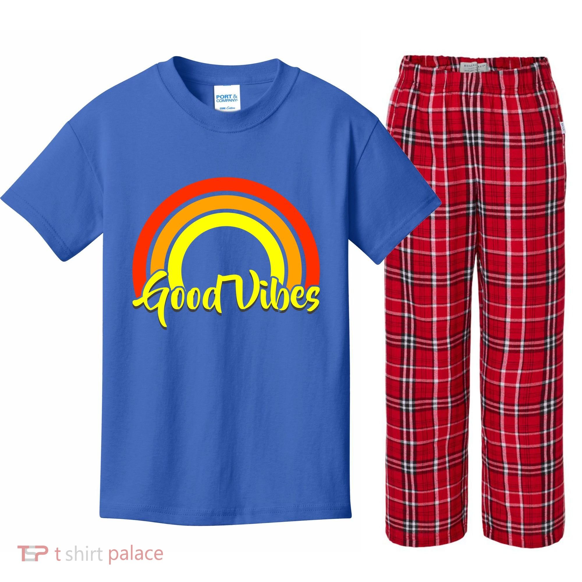 Good Vibes 80s Rainbow Kids Plaid Pajama Set