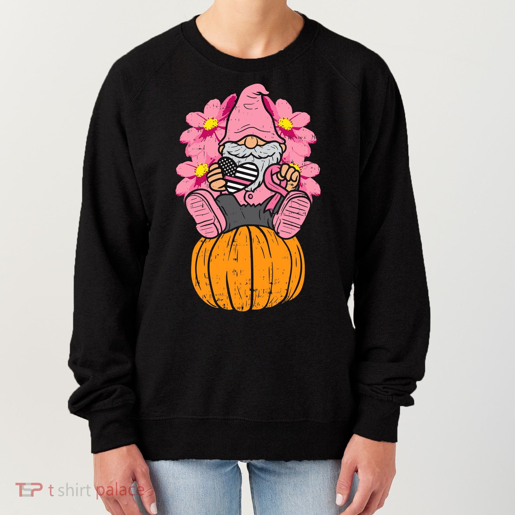 Gnome On Pumpkin Pink Ribbon Breast Cancer Halloween Gift Women's Sweatshirt