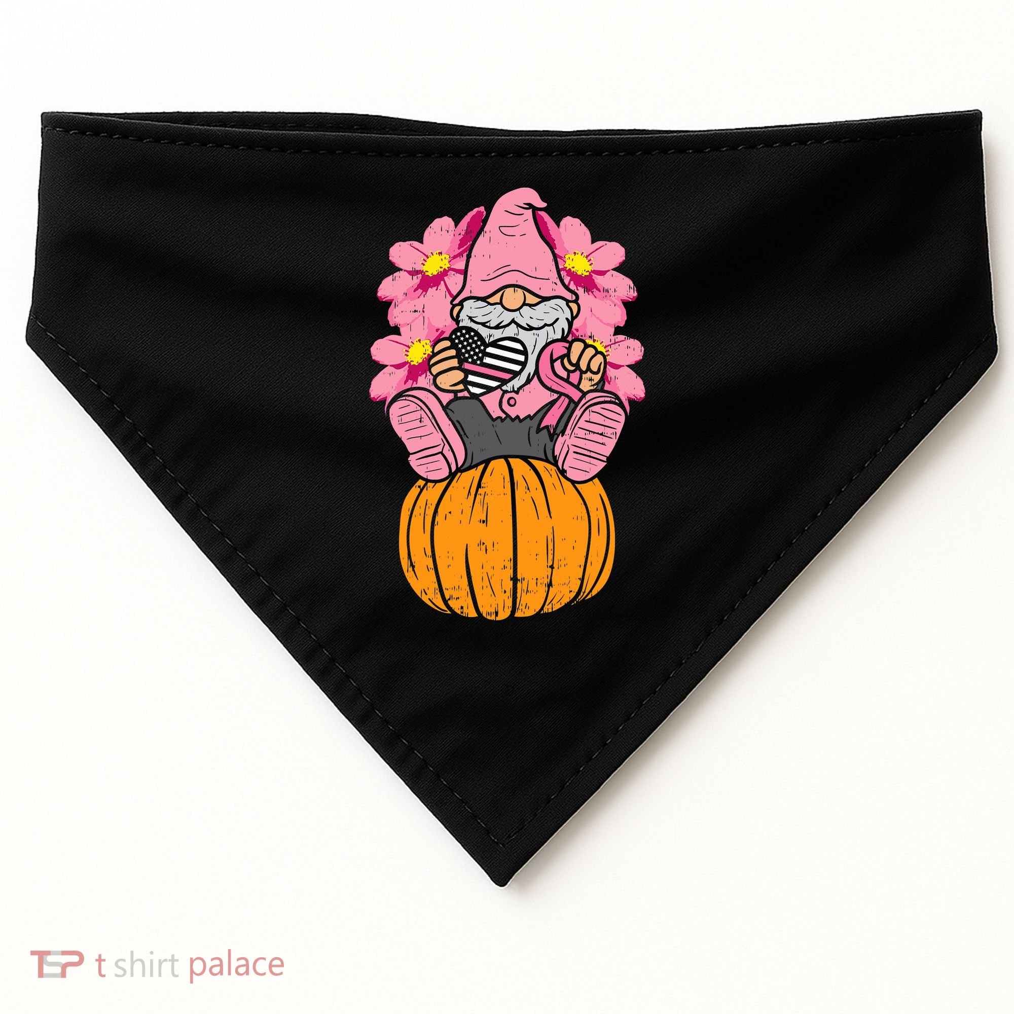 Gnome On Pumpkin Pink Ribbon Breast Cancer Halloween Gift USA-Made Doggie Bandana