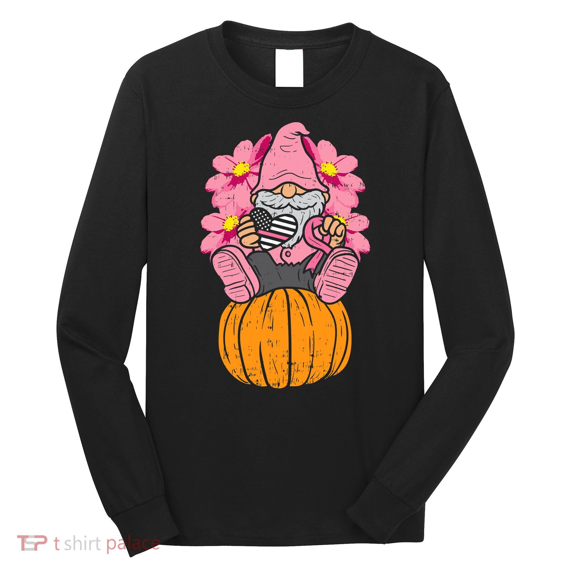 Gnome On Pumpkin Pink Ribbon Breast Cancer Halloween Gift Long Sleeve Shirt