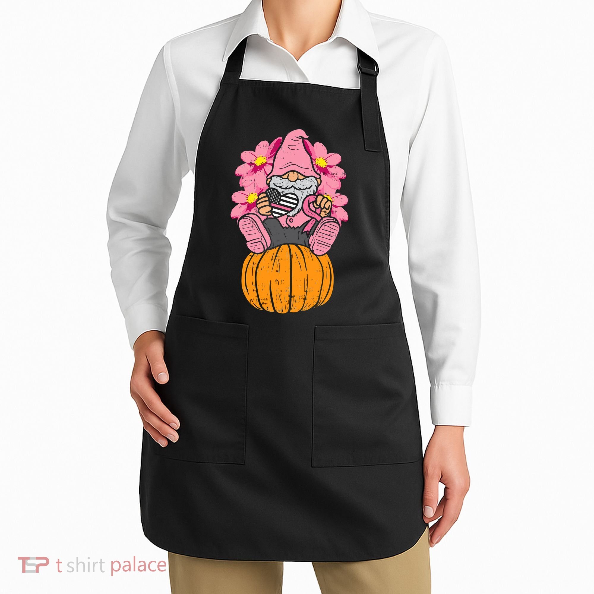Gnome On Pumpkin Pink Ribbon Breast Cancer Halloween Gift Apron