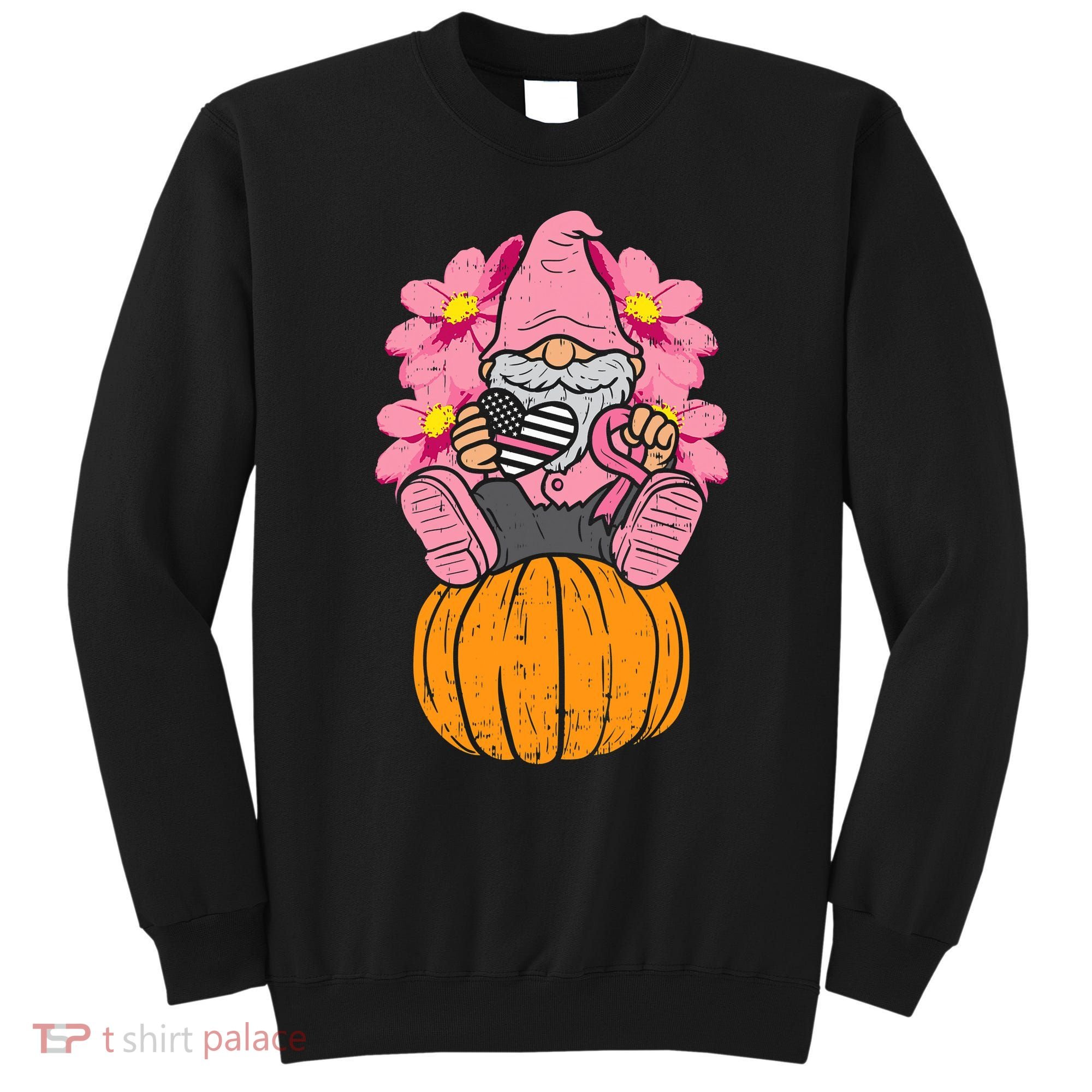 Gnome On Pumpkin Pink Ribbon Breast Cancer Halloween Gift Sweatshirt