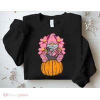 Gnome On Pumpkin Pink Ribbon Breast Cancer Halloween Gift Sweatshirt thumb 2