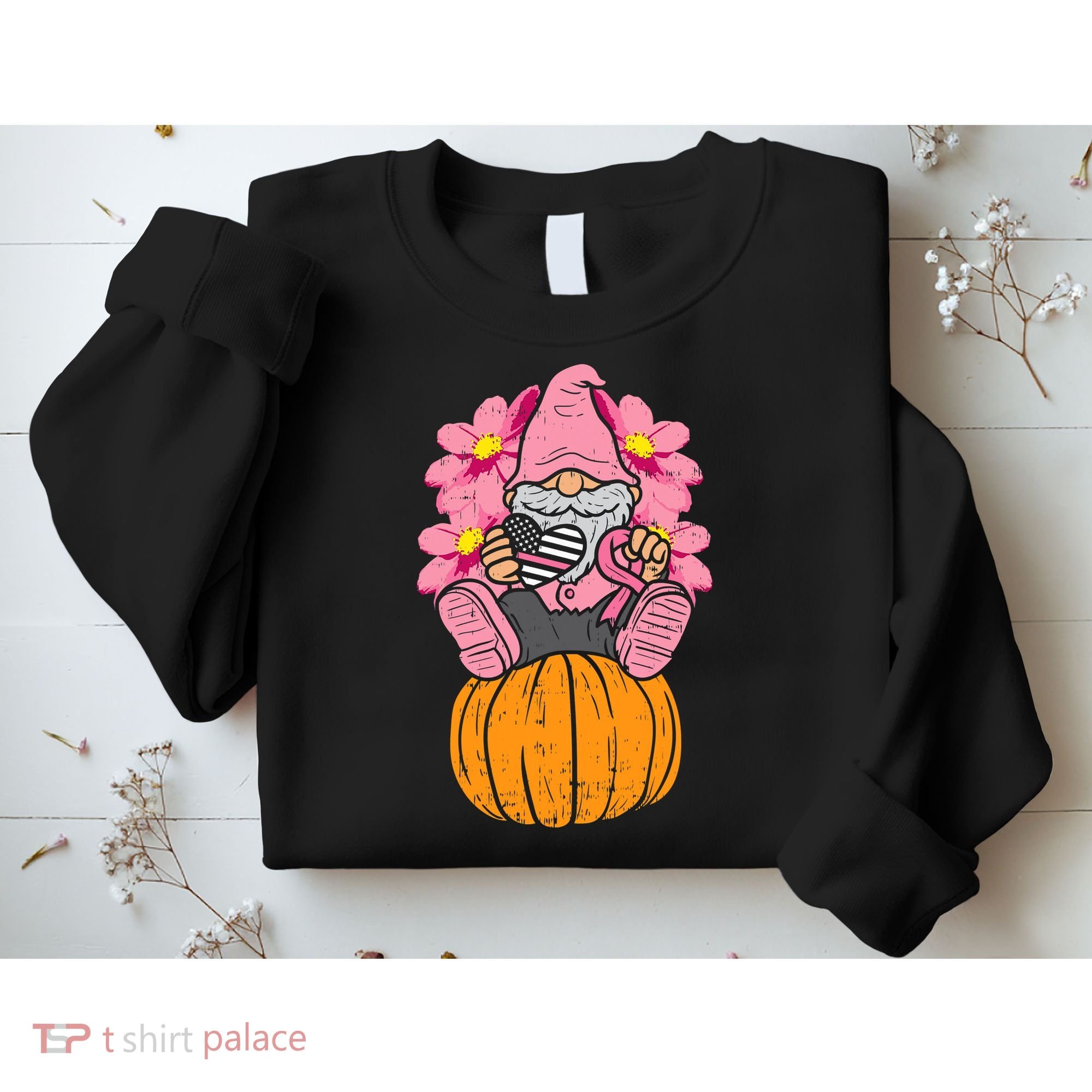 Gnome On Pumpkin Pink Ribbon Breast Cancer Halloween Gift Sweatshirt