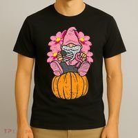 Gnome On Pumpkin Pink Ribbon Breast Cancer Halloween Gift T-Shirt thumb 3