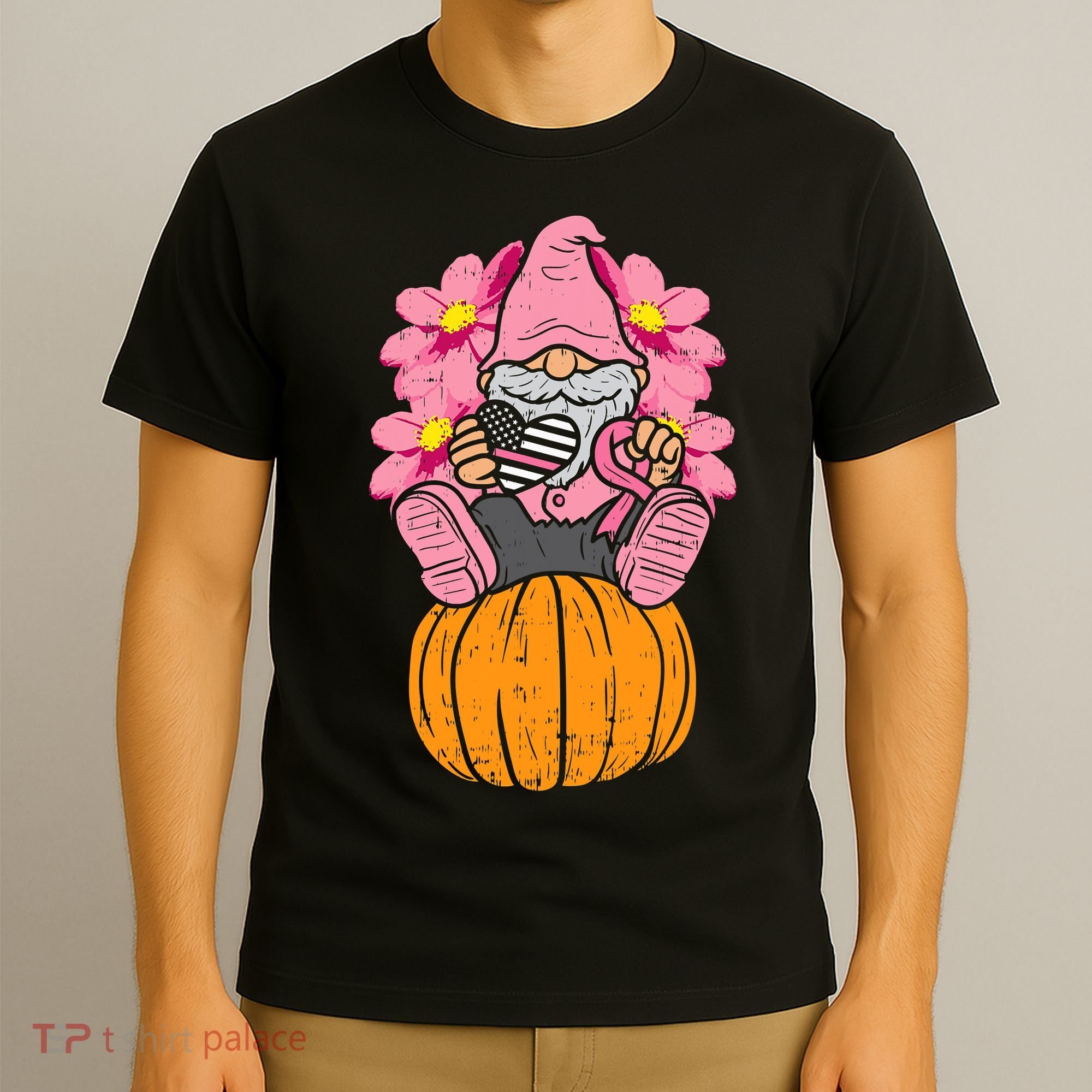 Gnome On Pumpkin Pink Ribbon Breast Cancer Halloween Gift T-Shirt