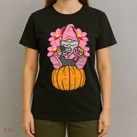 Gnome On Pumpkin Pink Ribbon Breast Cancer Halloween Gift T-Shirt thumb 4