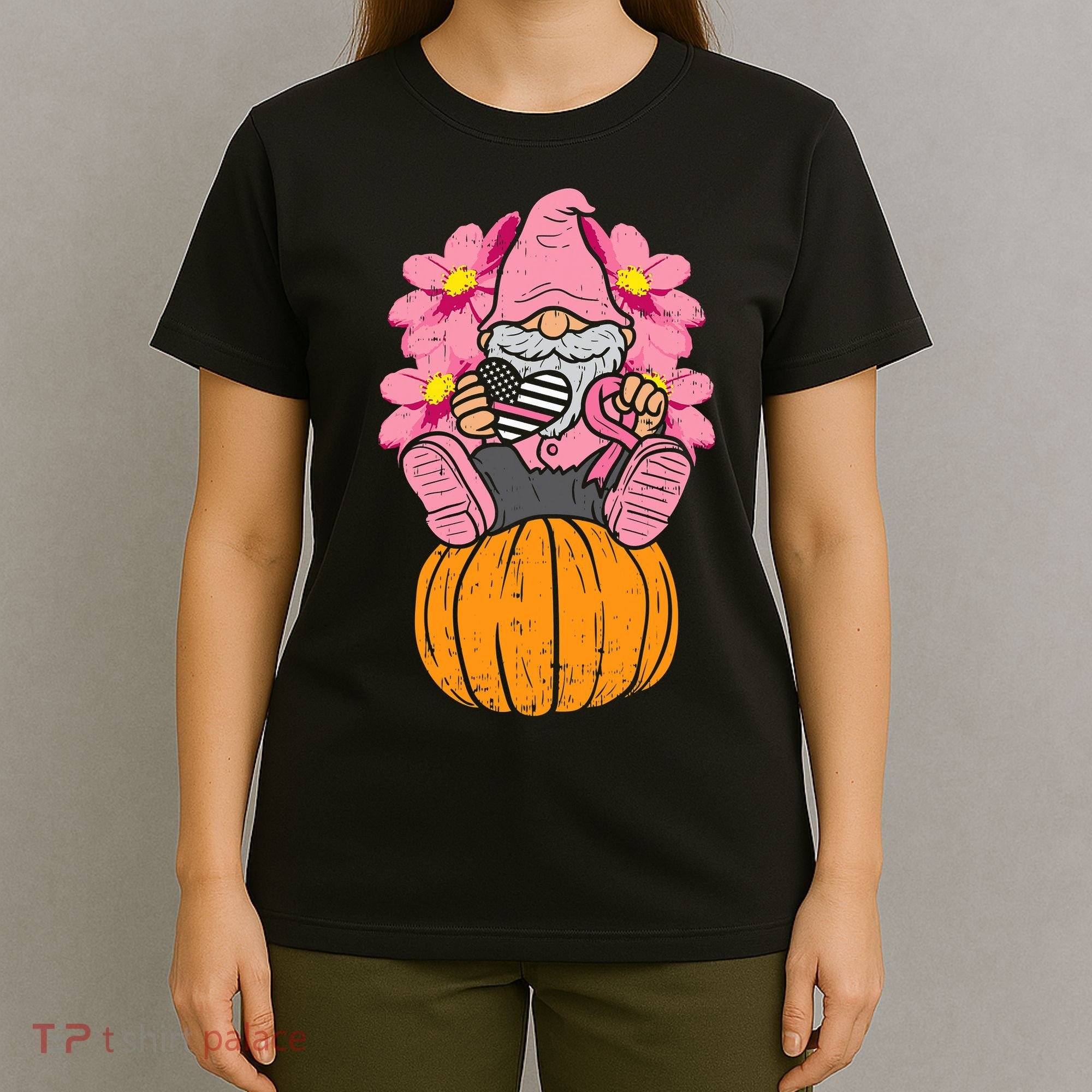 Gnome On Pumpkin Pink Ribbon Breast Cancer Halloween Gift T-Shirt