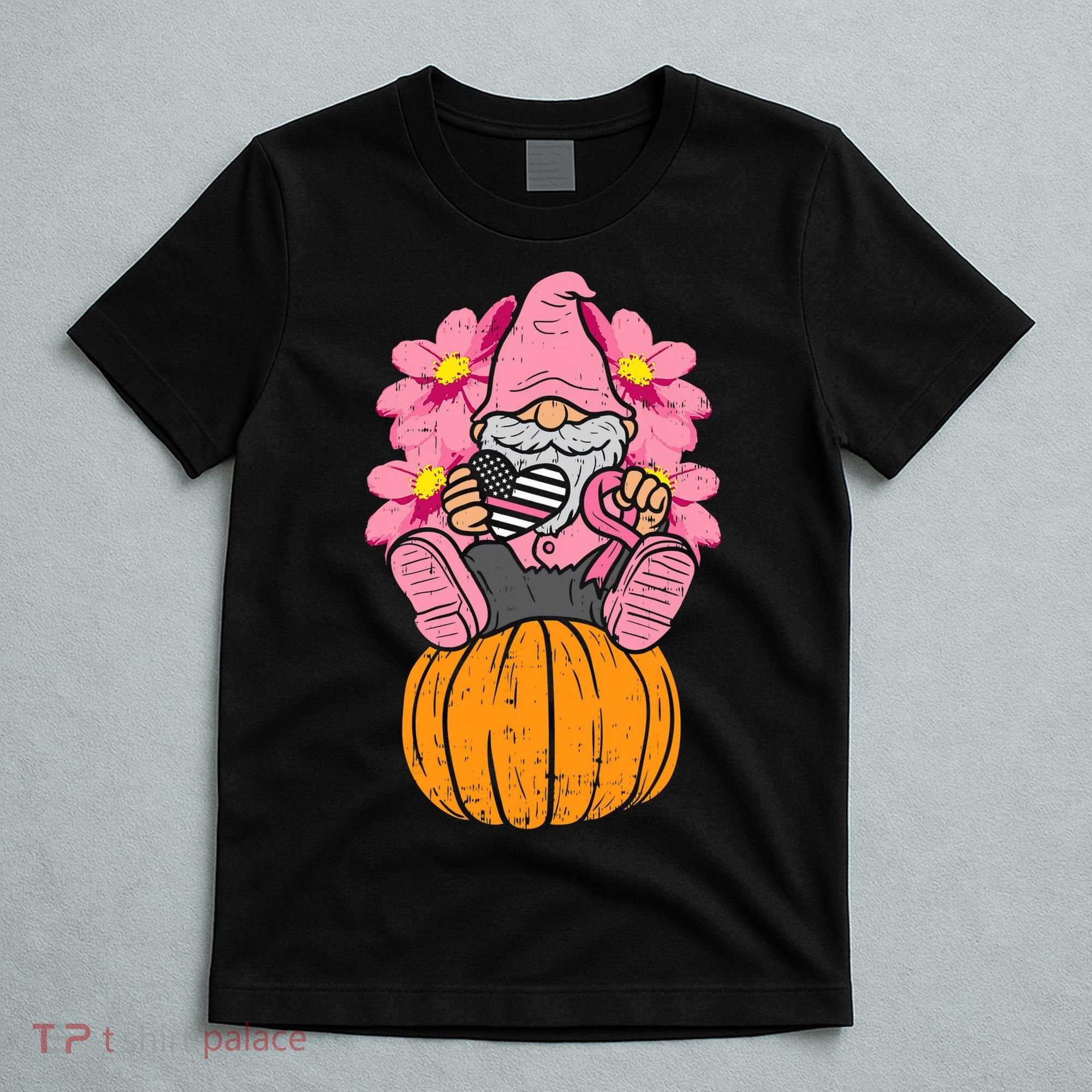 Gnome On Pumpkin Pink Ribbon Breast Cancer Halloween Gift T-Shirt