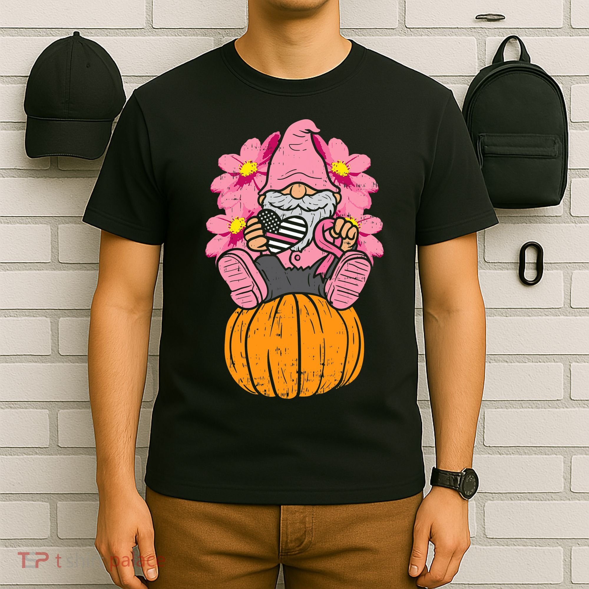 Gnome On Pumpkin Pink Ribbon Breast Cancer Halloween Gift T-Shirt