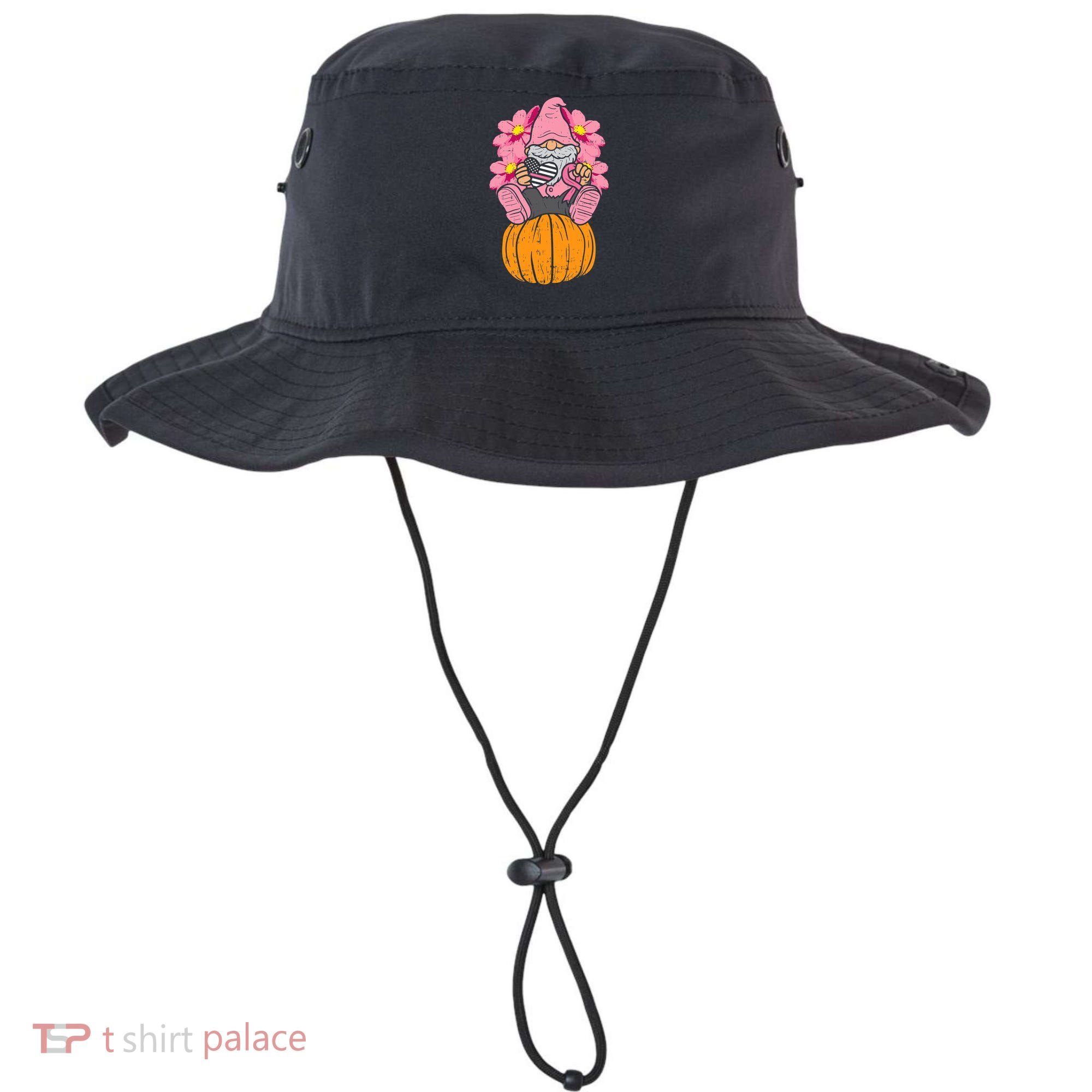 Gnome On Pumpkin Pink Ribbon Breast Cancer Halloween Gift Bucket Hat