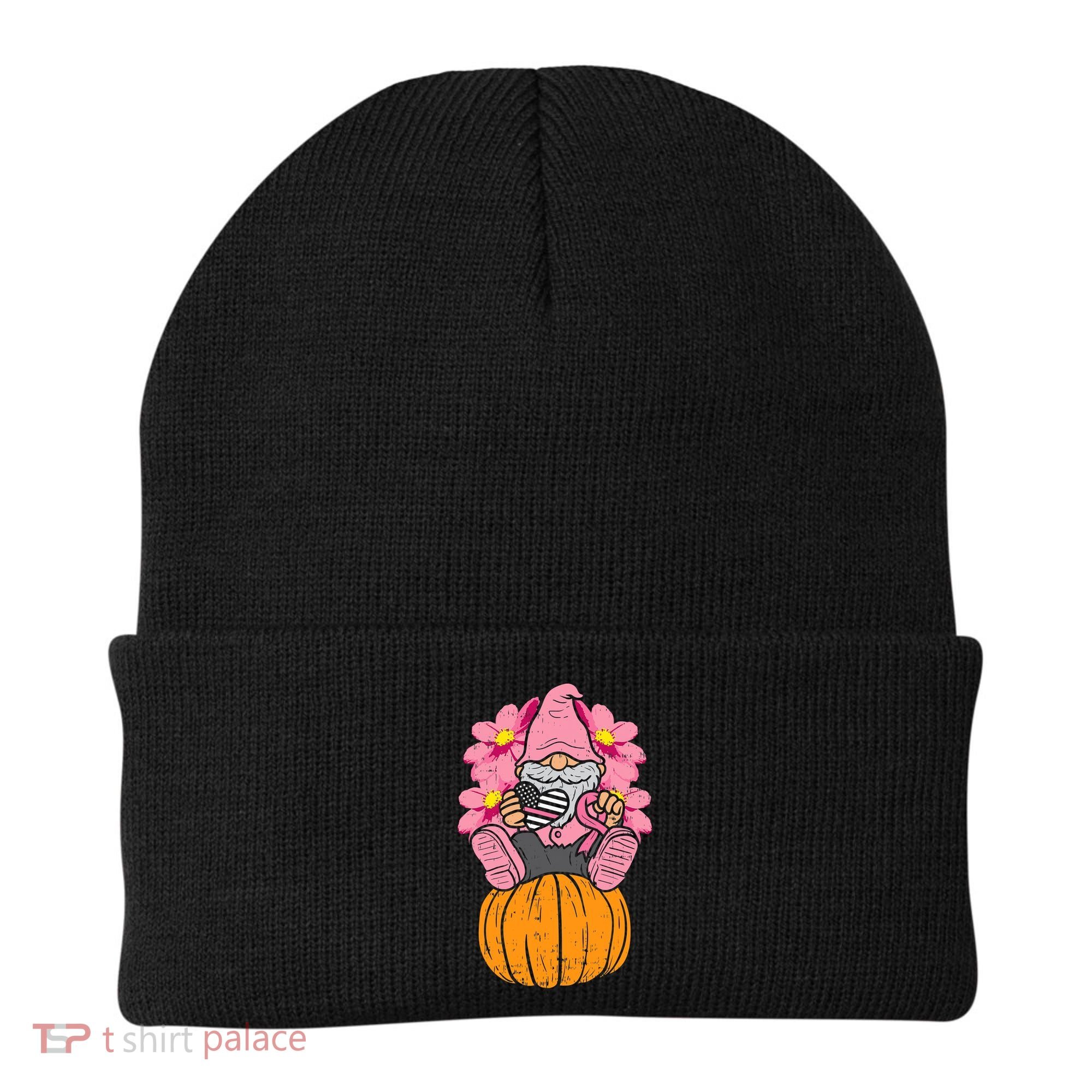 Gnome On Pumpkin Pink Ribbon Breast Cancer Halloween Gift Beanie