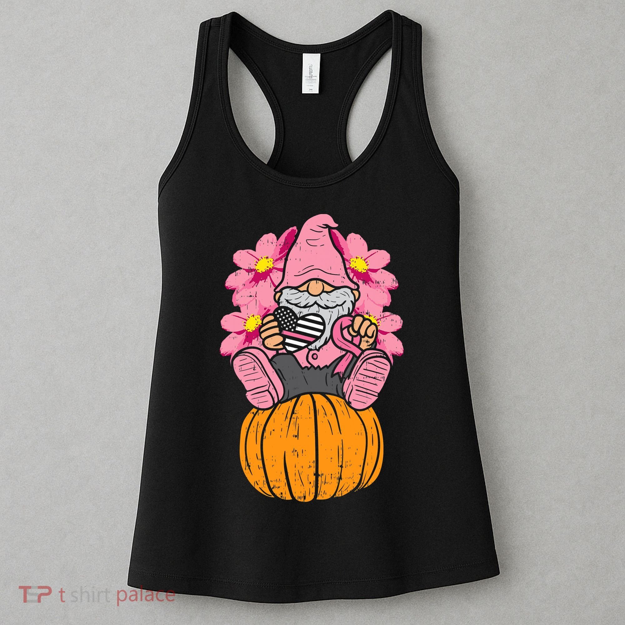 Gnome On Pumpkin Pink Ribbon Breast Cancer Halloween Gift Women's Tank Top