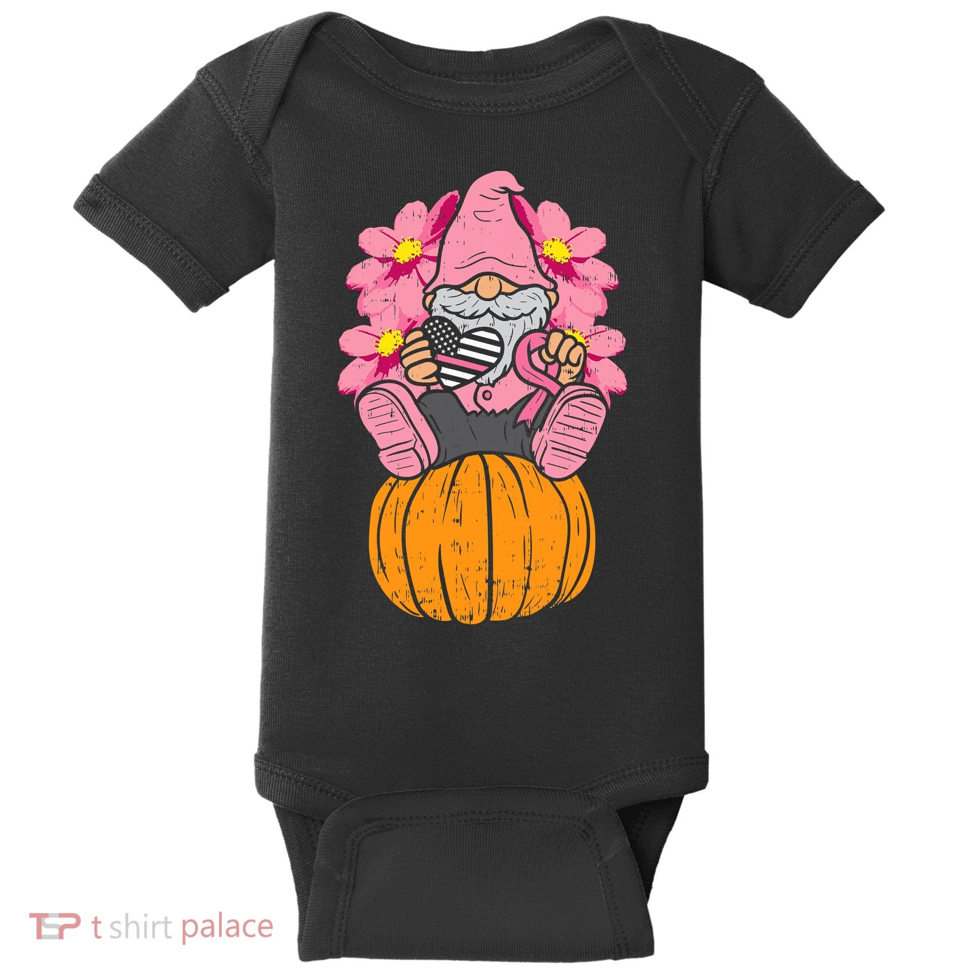 Gnome On Pumpkin Pink Ribbon Breast Cancer Halloween Gift Baby Bodysuit