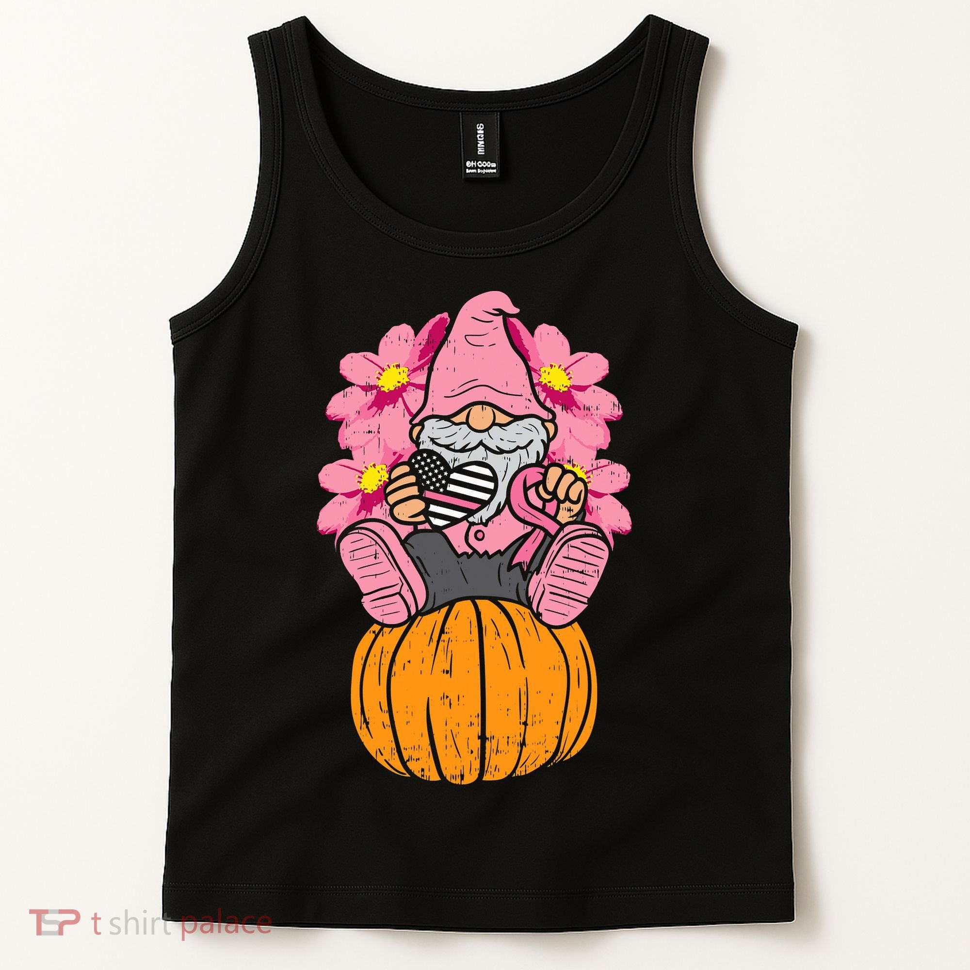 Gnome On Pumpkin Pink Ribbon Breast Cancer Halloween Gift Tank Top