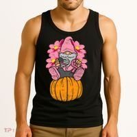Gnome On Pumpkin Pink Ribbon Breast Cancer Halloween Gift Tank Top thumb 3