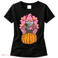 Gnome On Pumpkin Pink Ribbon Breast Cancer Halloween Gift Women's T-Shirt thumb 0