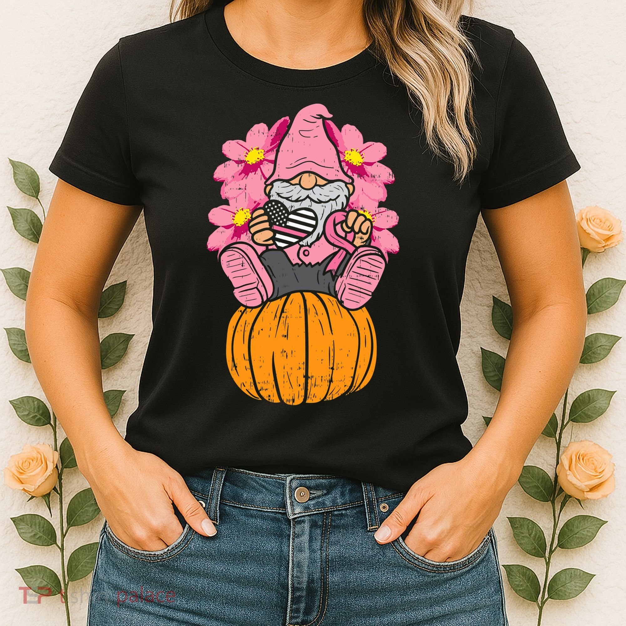 Gnome On Pumpkin Pink Ribbon Breast Cancer Halloween Gift Women's T-Shirt