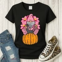 Gnome On Pumpkin Pink Ribbon Breast Cancer Halloween Gift Women's T-Shirt thumb 3