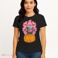 Gnome On Pumpkin Pink Ribbon Breast Cancer Halloween Gift Women's T-Shirt thumb 4