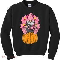 Gnome On Pumpkin Pink Ribbon Breast Cancer Halloween Gift Kids Sweatshirt thumb 0