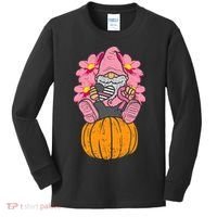 Gnome On Pumpkin Pink Ribbon Breast Cancer Halloween Gift Kids Long Sleeve Shirt thumb 0