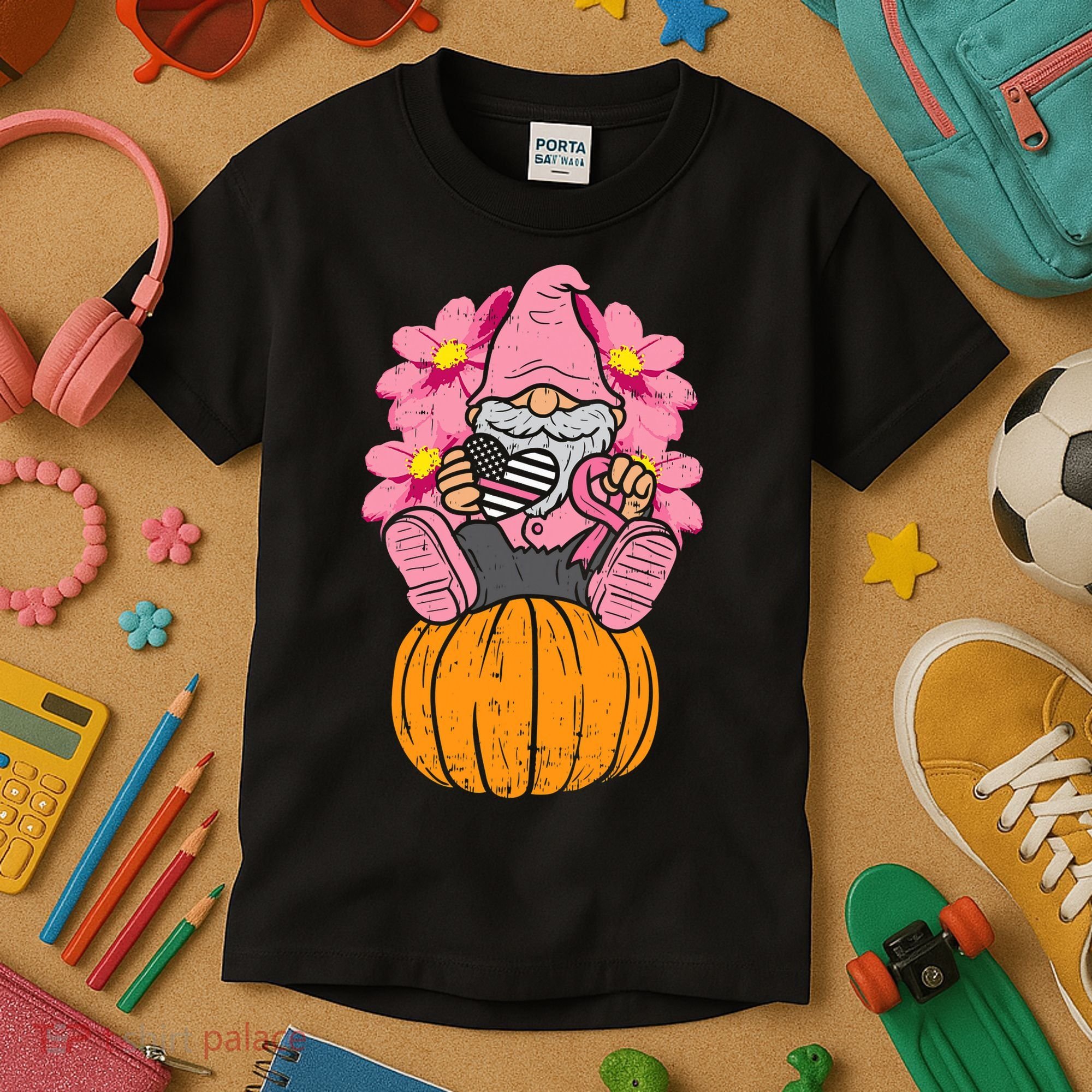 Gnome On Pumpkin Pink Ribbon Breast Cancer Halloween Gift Kids T-Shirt