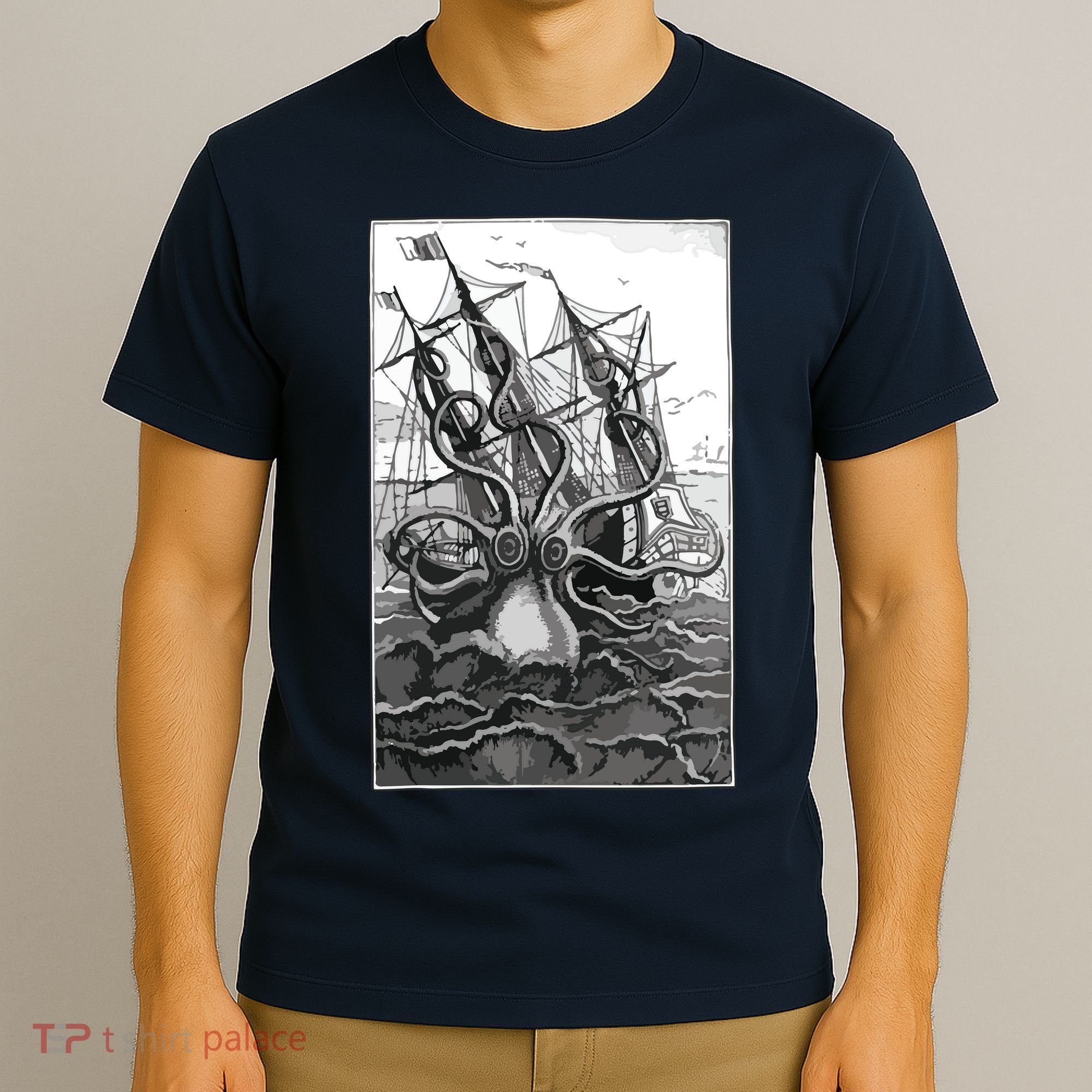 Giant Octopus Pirate Ship Vintage Kraken Sailing Squid T-Shirt
