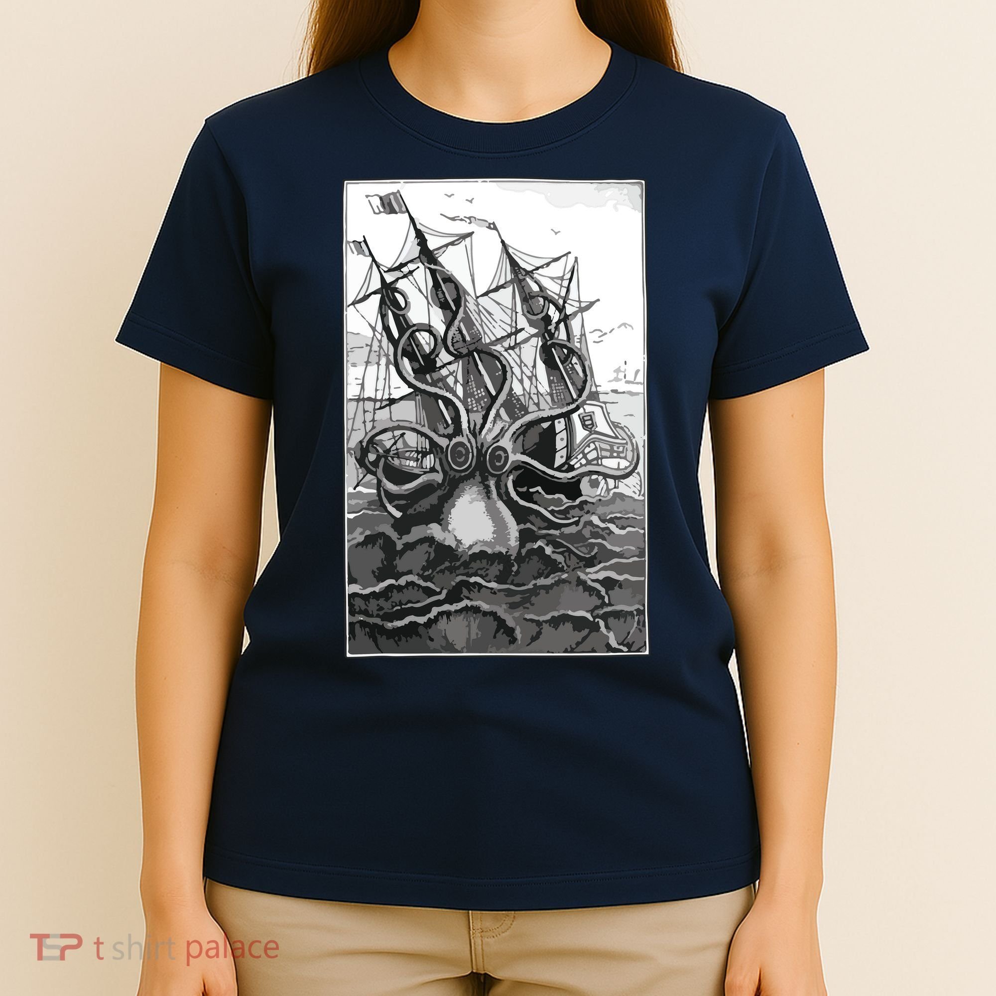 Giant Octopus Pirate Ship Vintage Kraken Sailing Squid T-Shirt
