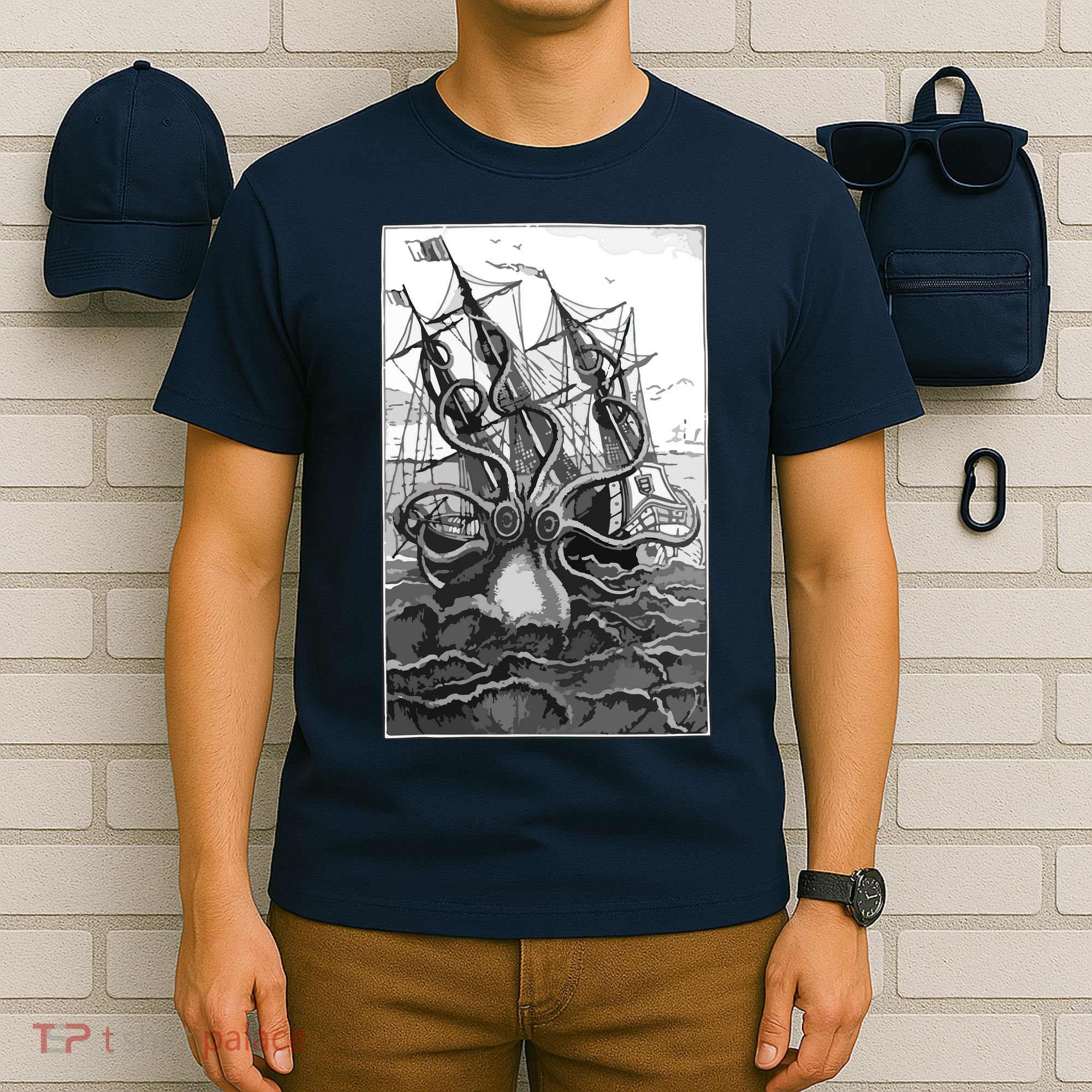 Giant Octopus Pirate Ship Vintage Kraken Sailing Squid T-Shirt