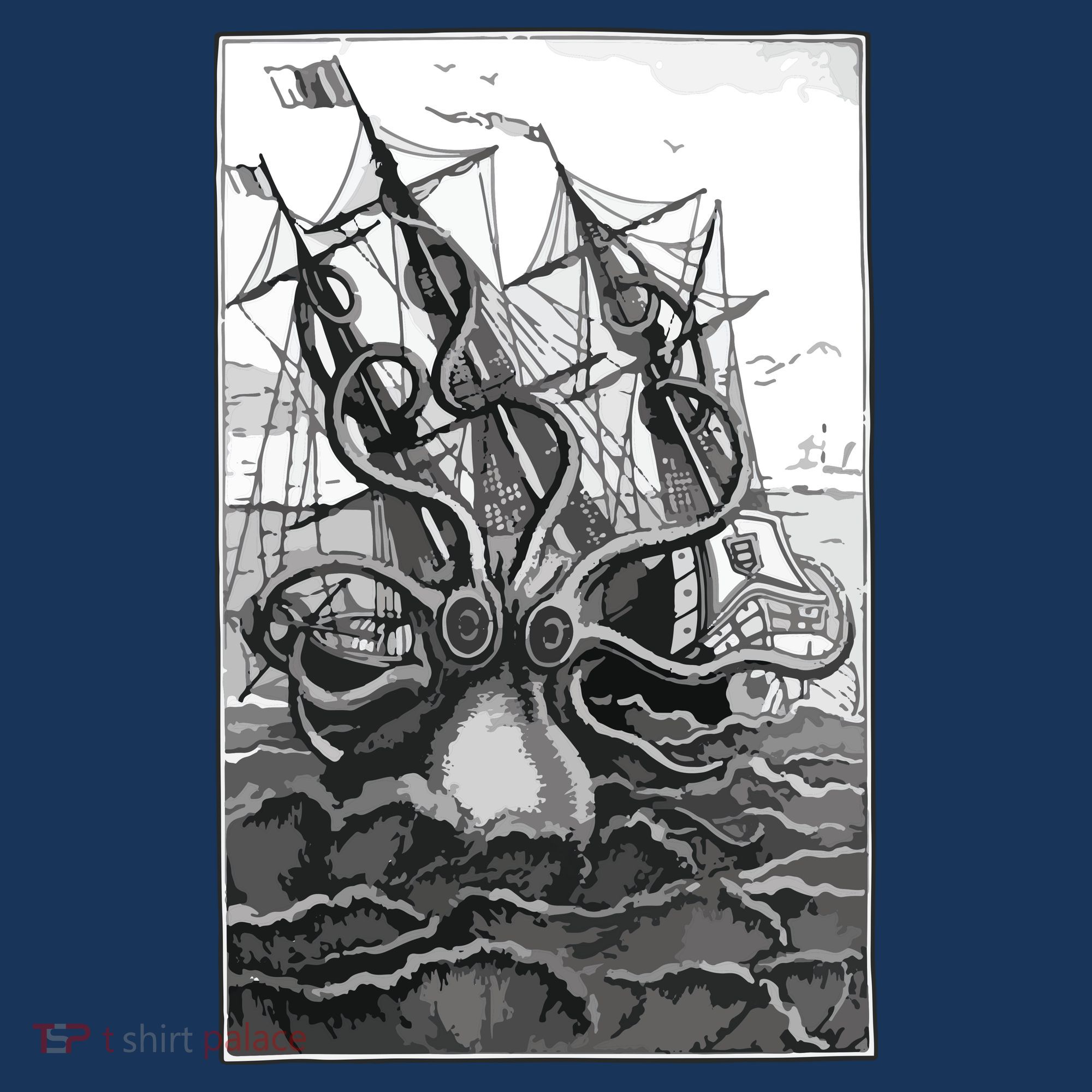 Giant Octopus Pirate Ship Vintage Kraken Sailing Squid T-Shirt