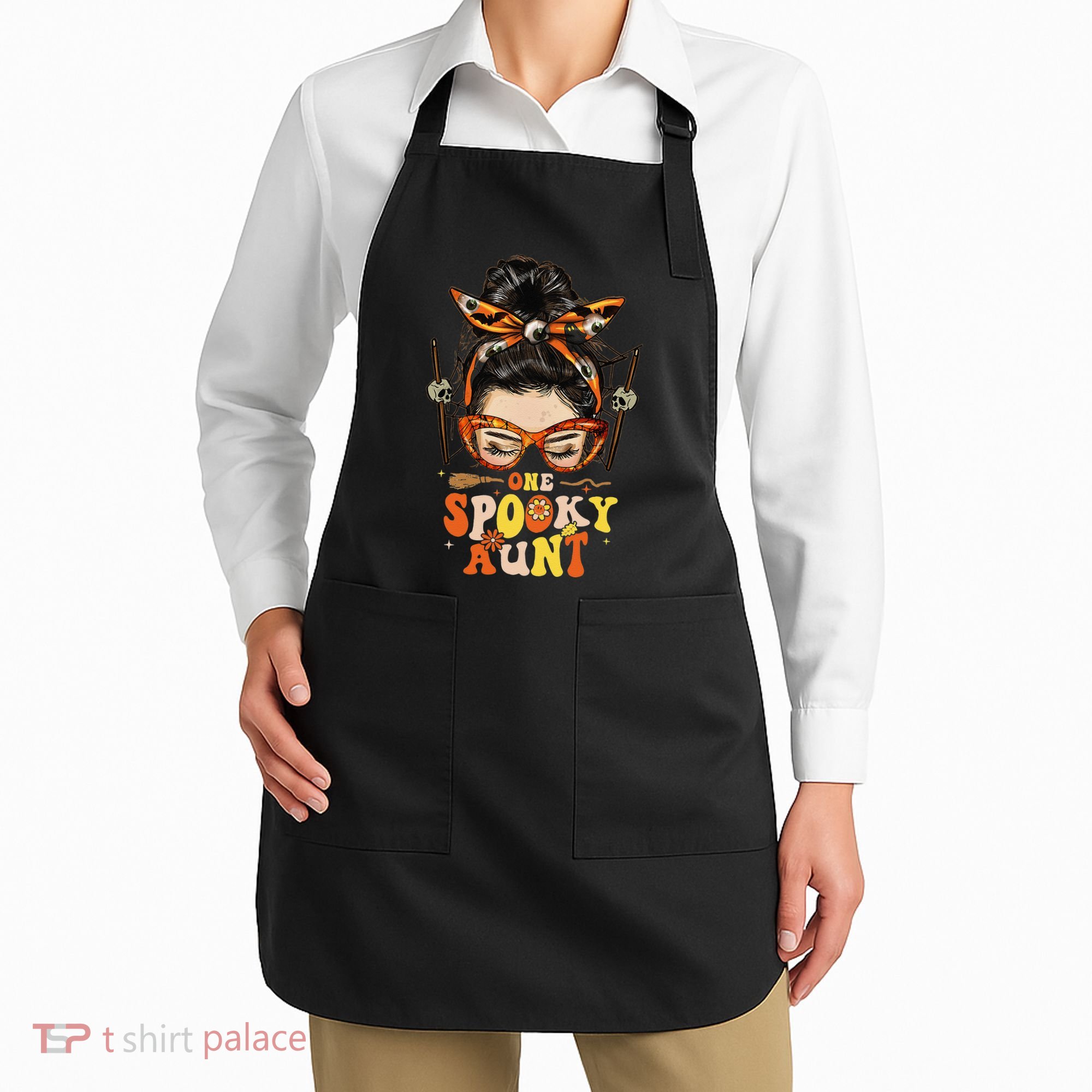 Groovy One Spooky Aunt Messy Bun Women Hippie Halloween Apron