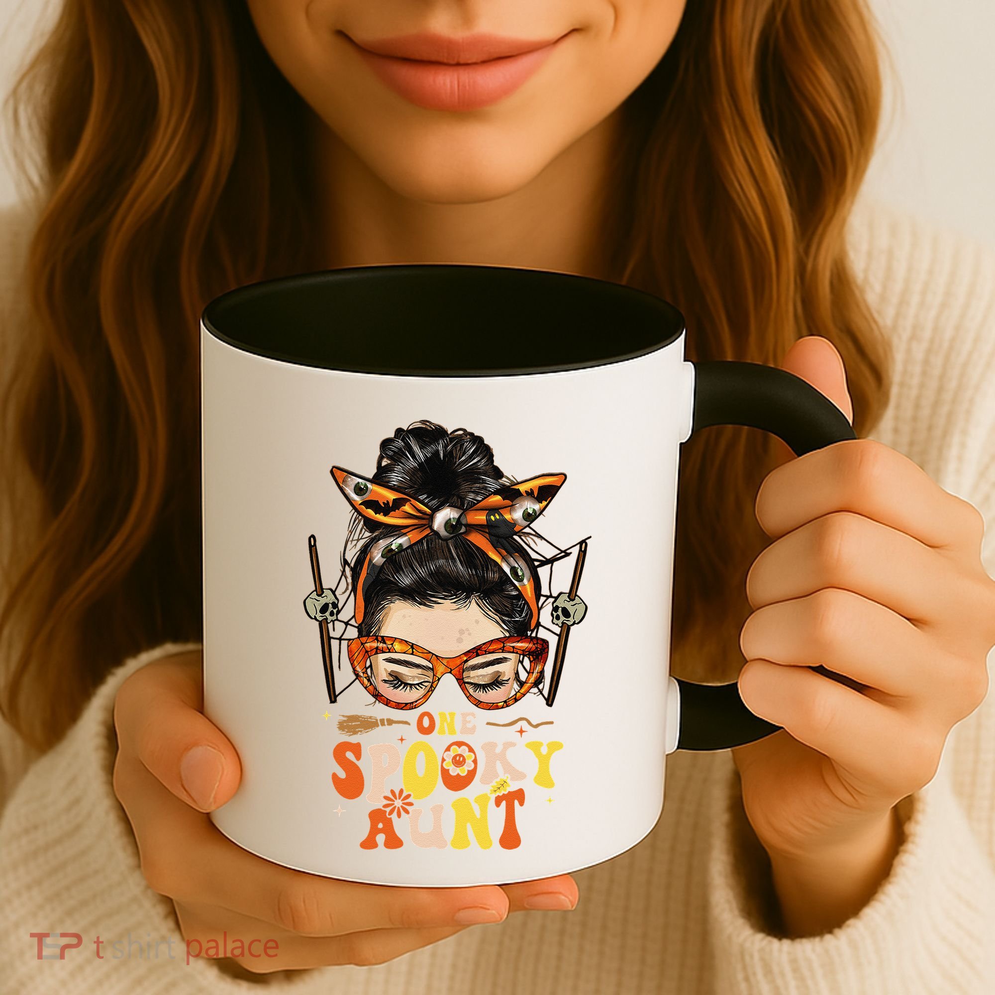 Groovy One Spooky Aunt Messy Bun Women Hippie Halloween Coffee Mug