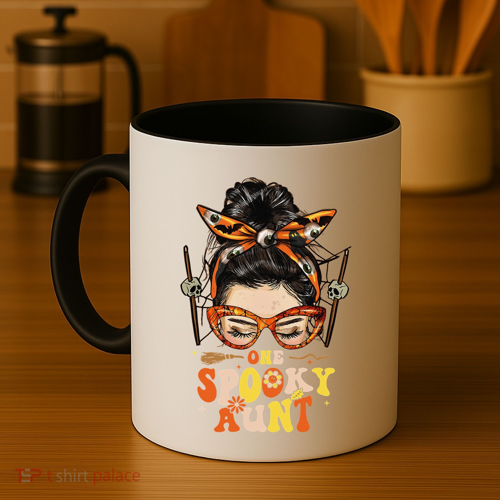 Groovy One Spooky Aunt Messy Bun Women Hippie Halloween Coffee Mug