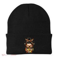 Groovy One Spooky Aunt Messy Bun Women Hippie Halloween Beanie thumb 0