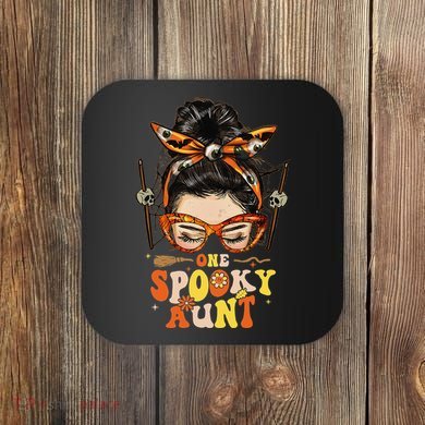 Groovy One Spooky Aunt Messy Bun Women Hippie Halloween Coaster