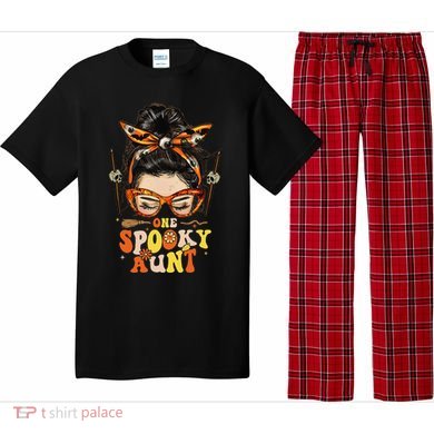 Groovy One Spooky Aunt Messy Bun Women Hippie Halloween Pajama Set