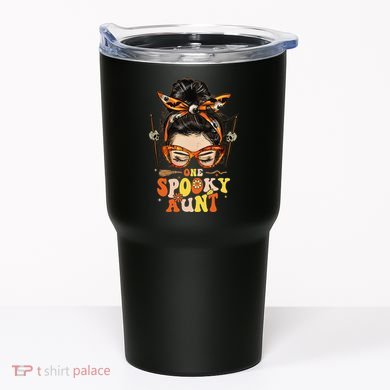Groovy One Spooky Aunt Messy Bun Women Hippie Halloween Tumbler