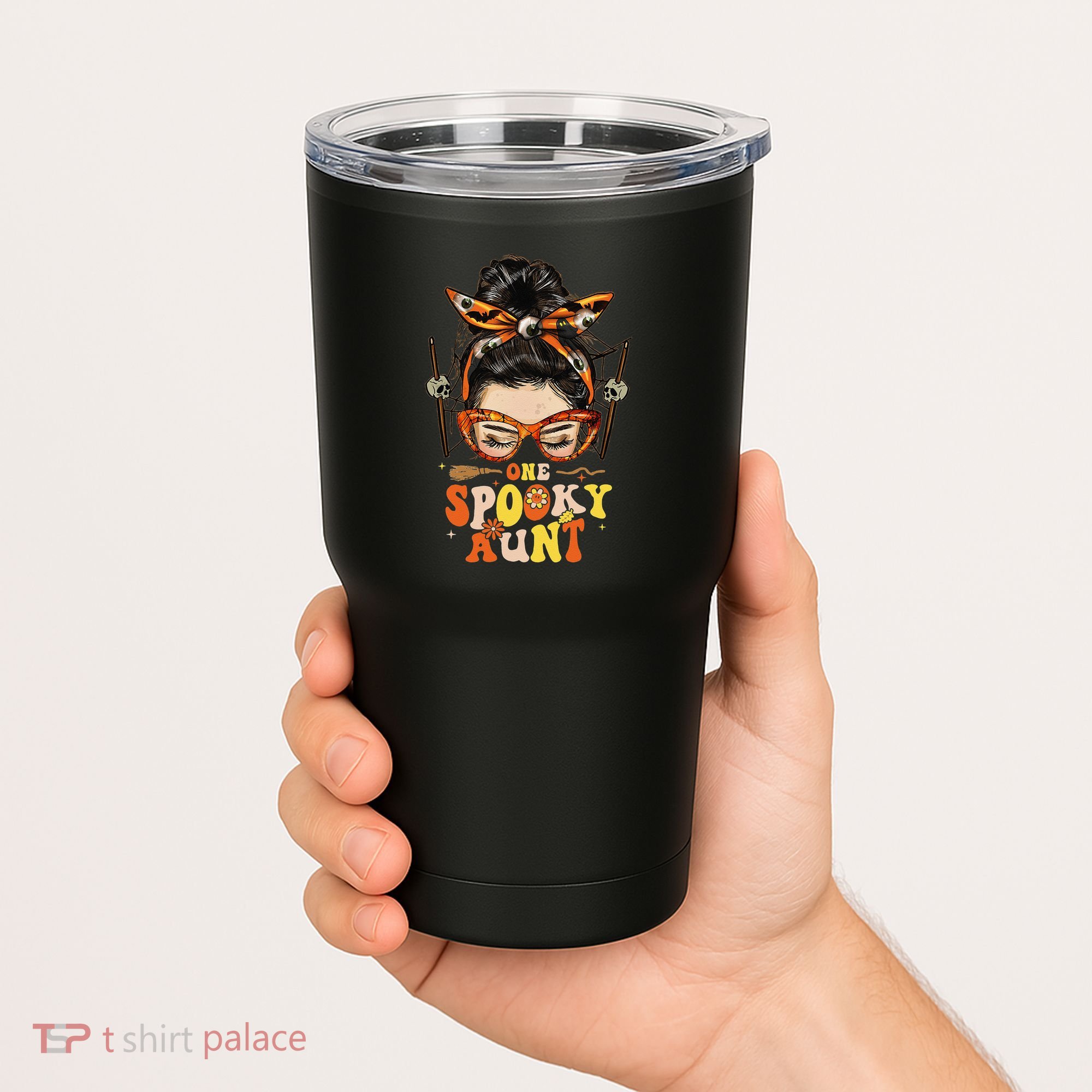 Groovy One Spooky Aunt Messy Bun Women Hippie Halloween Tumbler