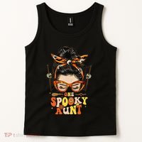 Groovy One Spooky Aunt Messy Bun Women Hippie Halloween Tank Top thumb 2